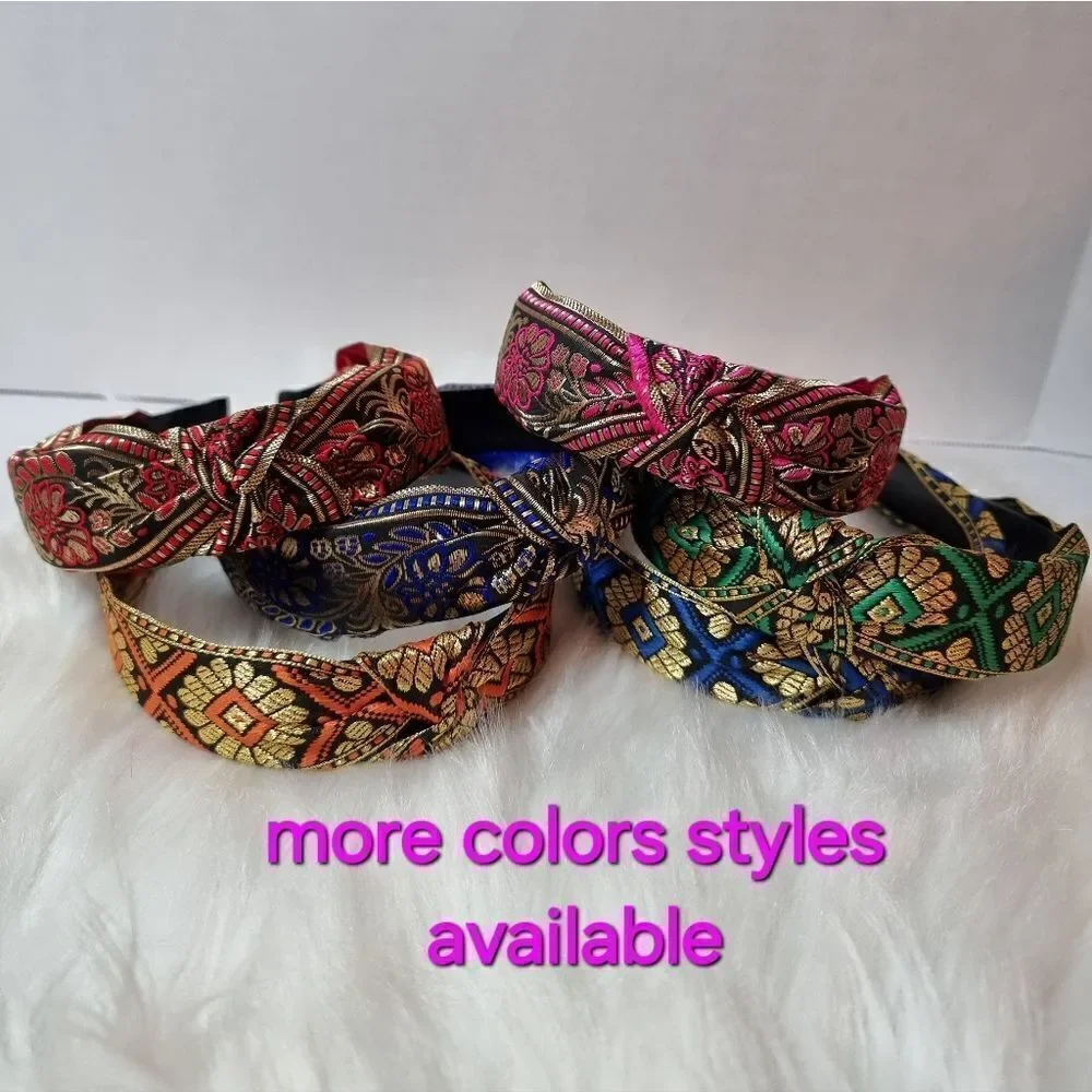 JEWELTONE JACQUARD SATIN FABRIC top knot royal blue gold black headband